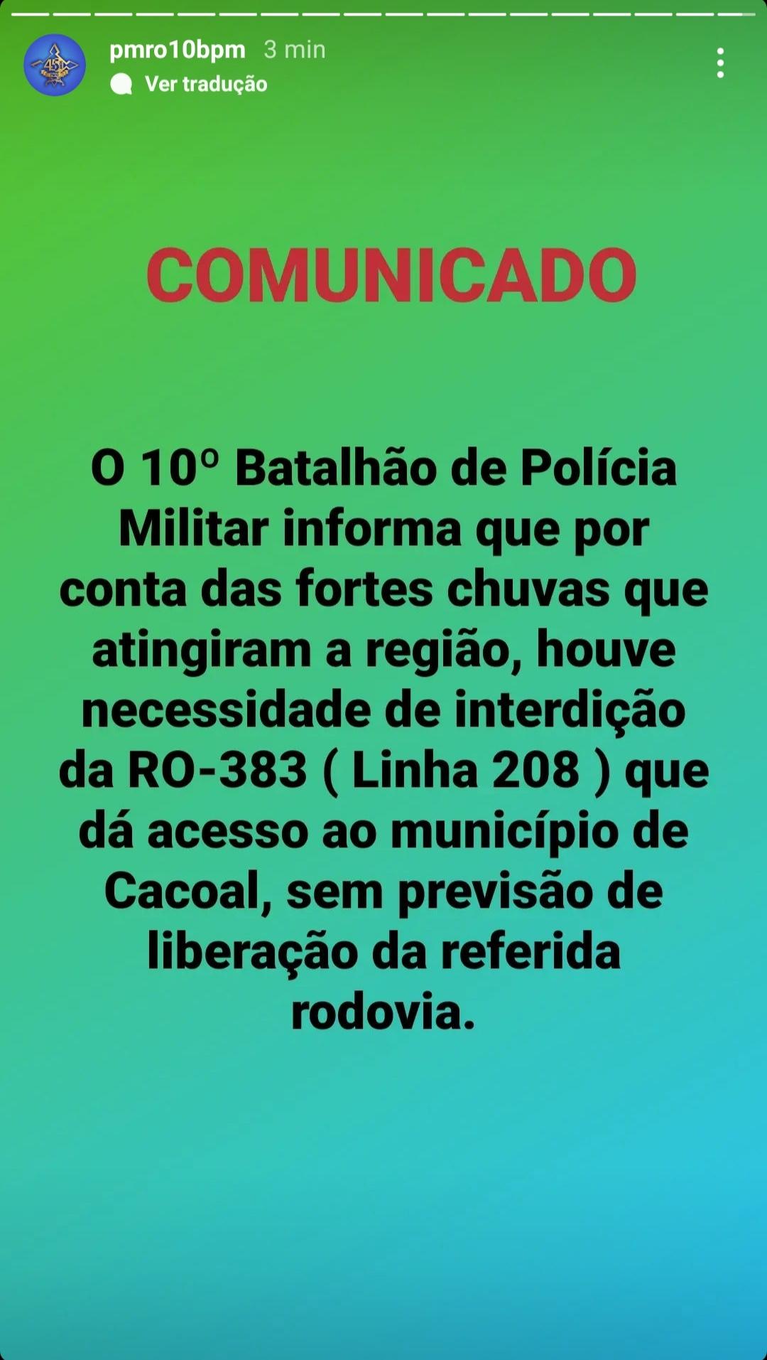 RO-383, entre Rolim e Cacoal, é interditada devido ao transbordamento do rio São Pedro