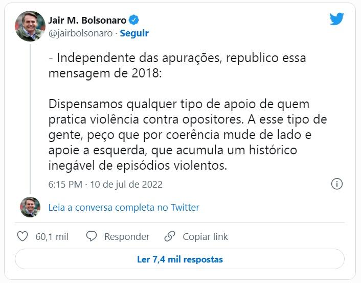 Bolsonaro diz que dispensa apoio de quem pratica violência contra opositores e questiona: Bolsonaro diz que dispensa apoio de quem pratica violência contra opositores e questiona: