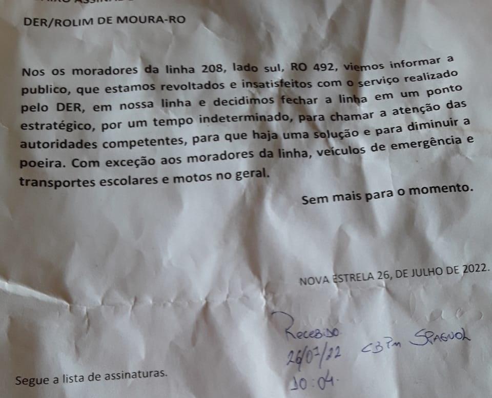 População interdita RO-492 (linha 208) por causa da poeira, em Rolim de Moura