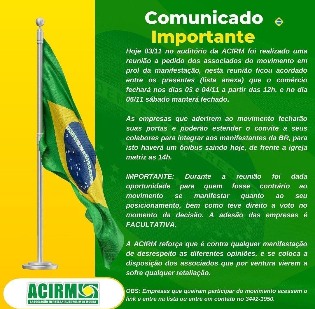 Rolim de Moura: Empresários decidem fechar comércios como protesto contra resultados das eleições