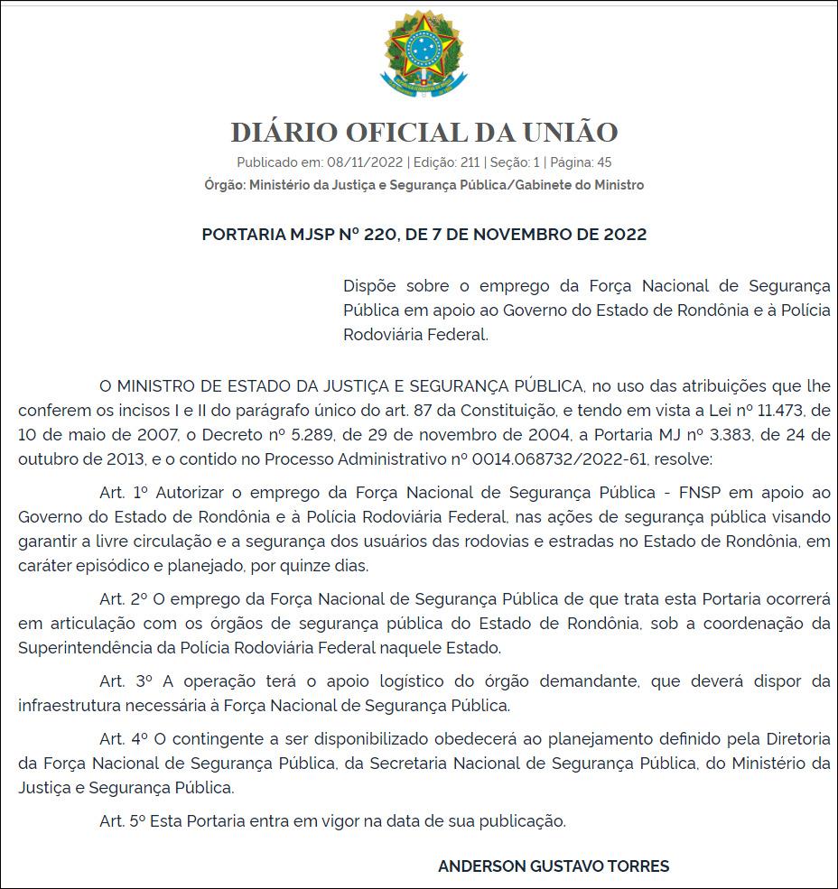 Força Nacional de Segurança Pública irá apoiar PRF e Governo do Estado em ações para desobstruir rodovias em RO Força Nacional de Segurança Pública irá apoiar PRF e Governo do Estado em ações para desobstruir rodovias em RO