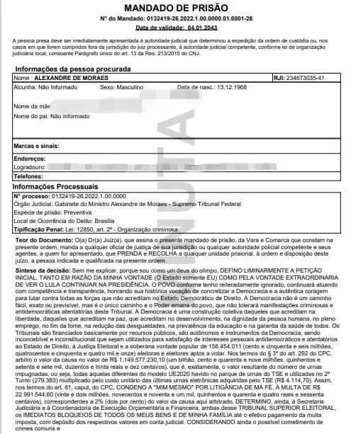 Em provável invasão hacker, documento pede prisão de Alexandre de Morais assinado por ele mesmo Em provável invasão hacker, documento pede prisão de Alexandre de Morais assinado por ele mesmo