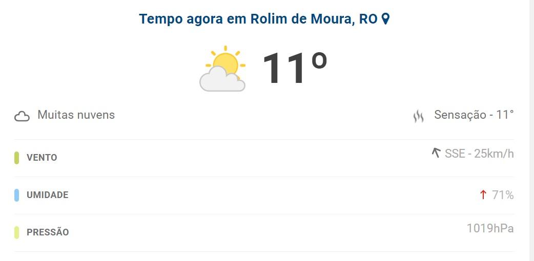 Termômetros marcam 11°C neste momento em Rolim de Moura