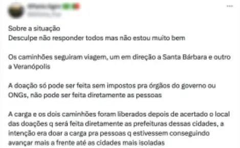 Agências de verificação dizem ser falsas informações de que caminhões com doações ao RS estariam sendo retidos para pagamento de impostos Agências de verificação dizem ser falsas informações de que caminhões com doações ao RS estariam sendo retidos para pagamento de impostos