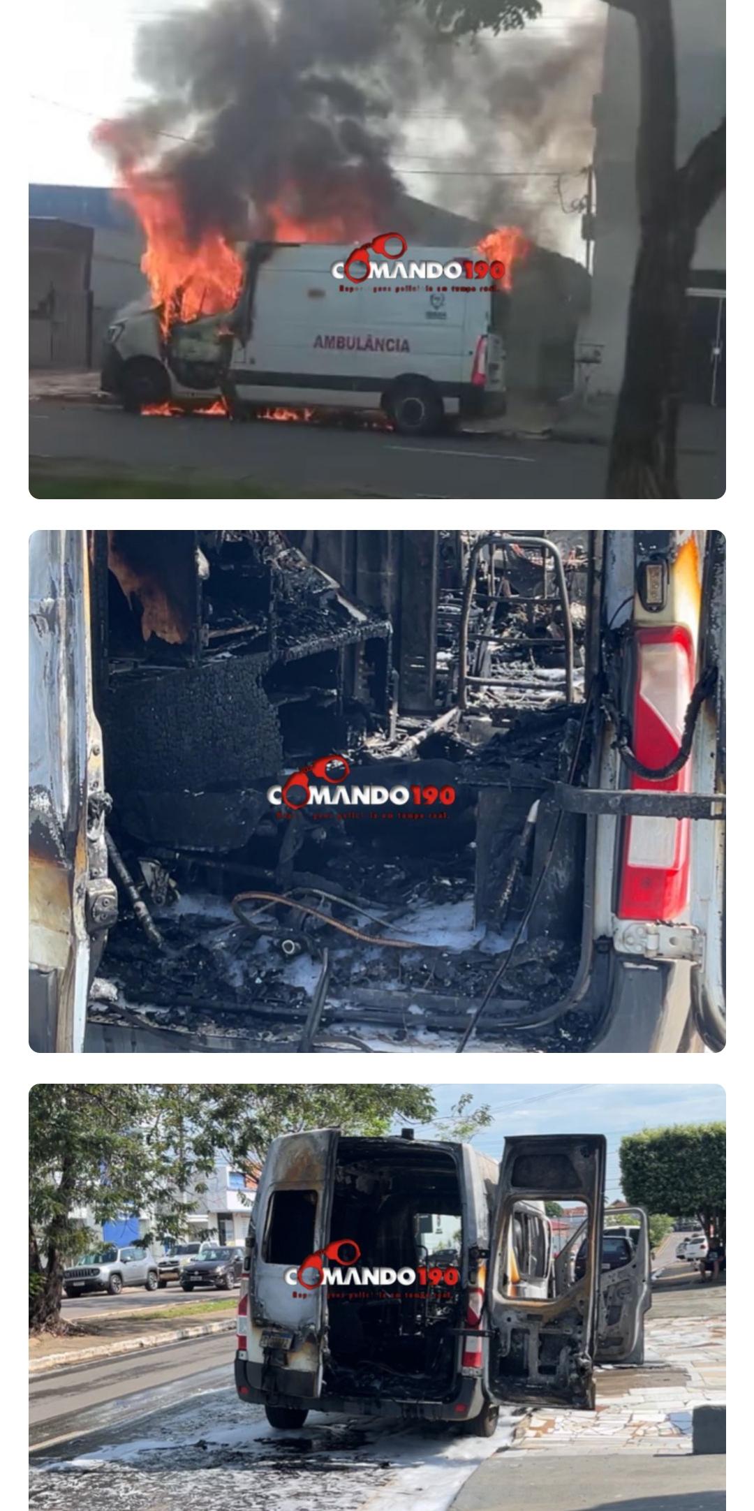 Ambulância pega fogo após suspeita de pane mecânica em Ji-Paraná 