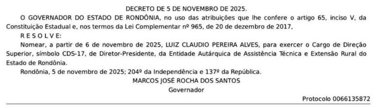 Luiz Cláudio da Agricultura é nomeado presidente da Emater Rondônia Luiz Cláudio da Agricultura é nomeado presidente da Emater Rondônia