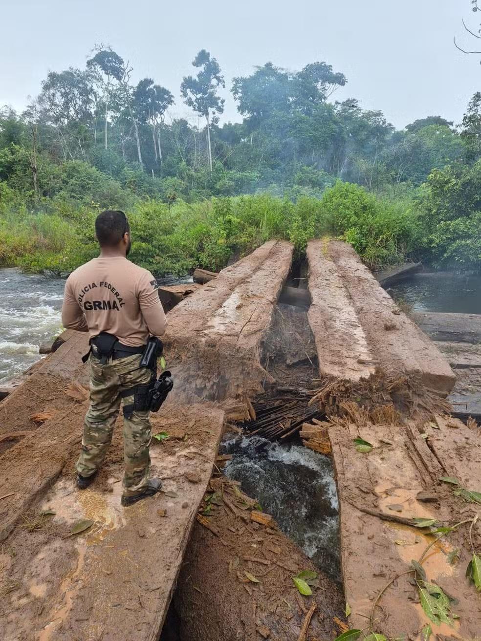 PF destrói ponte clandestina e apreende equipamentos usados no garimpo ilegal em RO