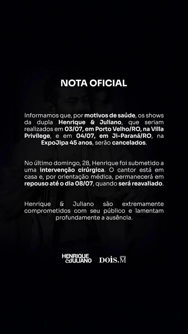 Henrique e Juliano cancelam shows em Porto Velho e Ji-Paraná Henrique e Juliano cancelam shows em Porto Velho e Ji-Paraná