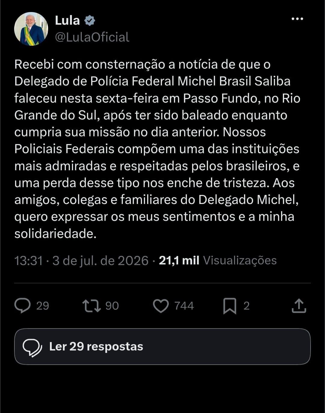 Lula lamenta morte de policial federal morto a tiros por PM Lula lamenta morte de policial federal morto a tiros por PM