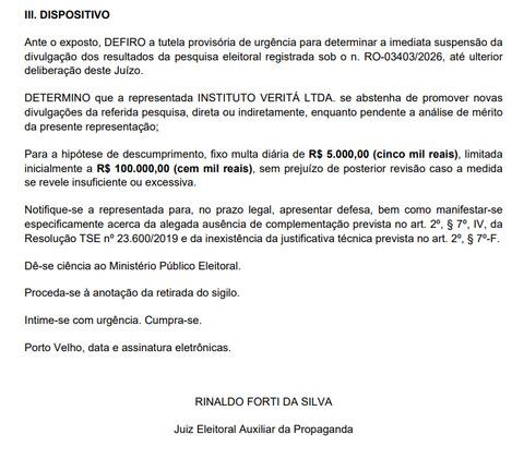 TRE suspende divulgação de pesquisa do Instituto Veritá em Rondônia por suspeitas de irregularidades
