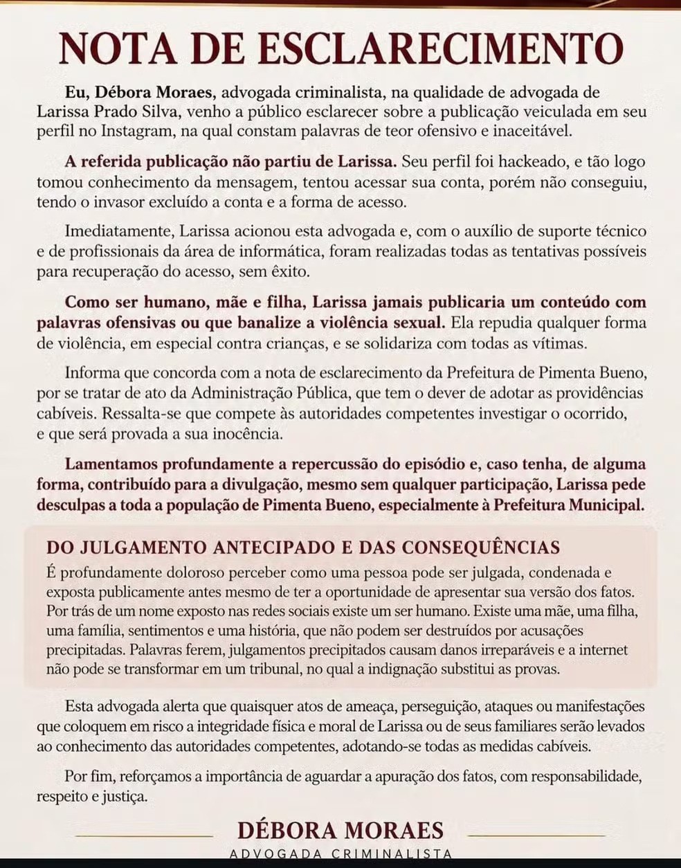 Servidora é exonerada após post desejando que famílias de esquerdistas sejam estupradas em Pimenta Bueno; defesa diz que conta foi hackeada Servidora é exonerada após post desejando que famílias de esquerdistas sejam estupradas em Pimenta Bueno; defesa diz que conta foi hackeada